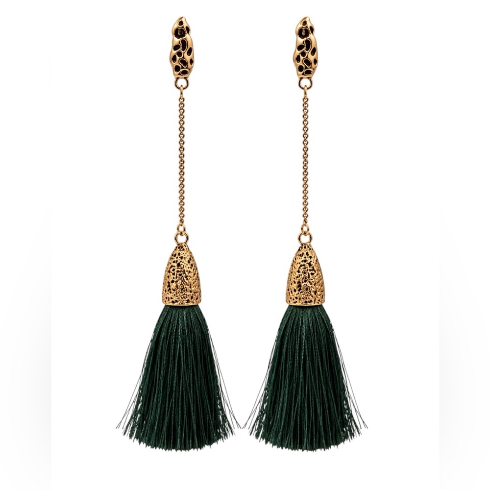 Gold and Dark Green Tassel Drop Earrings - Women Jewelry